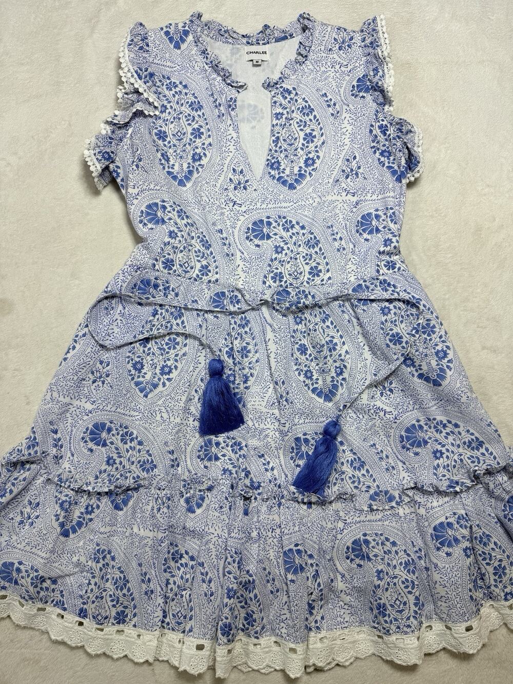Charlee Paisley Tassel Mini Dress Blue White Tiered Lace Ruffle Coastal Sz Med